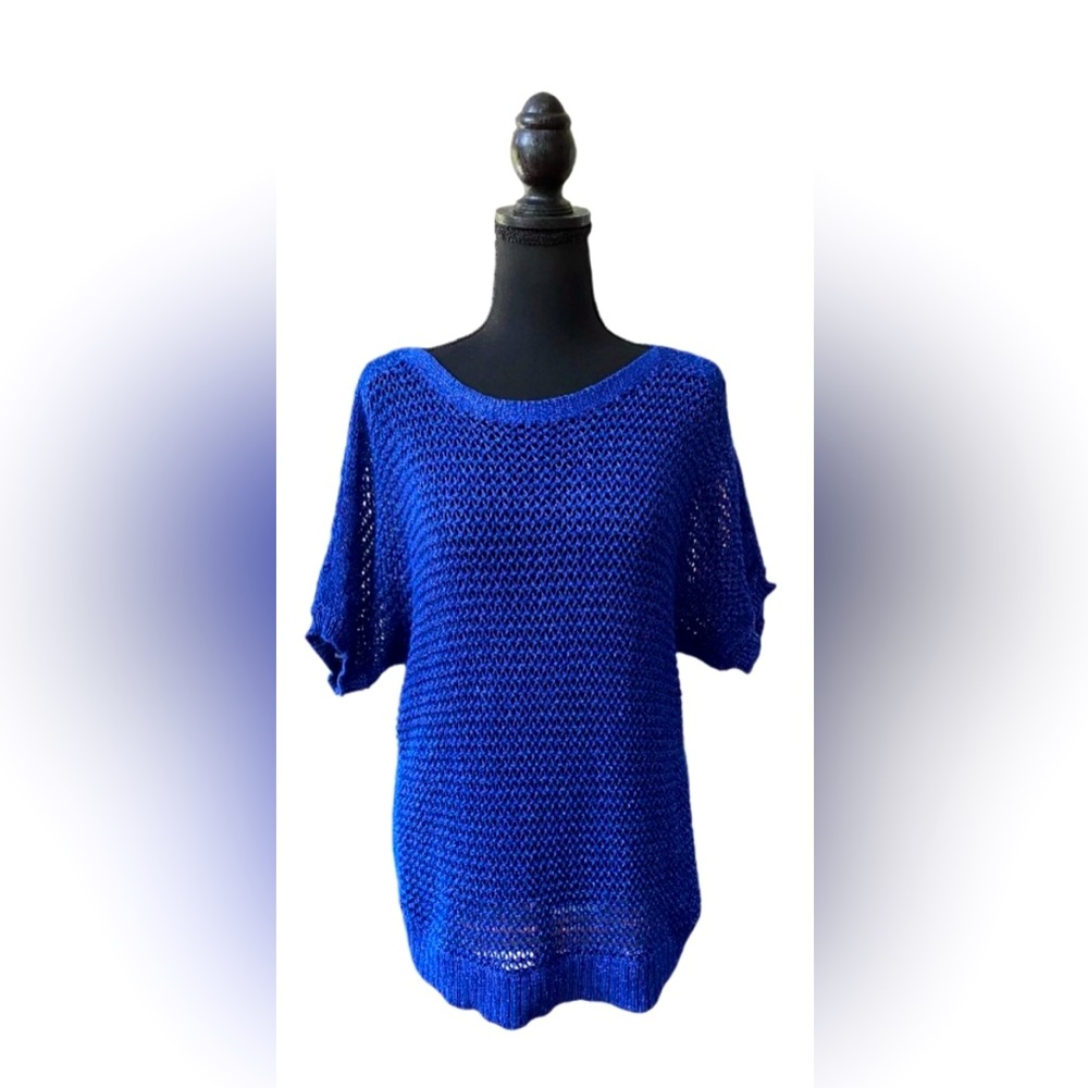 Chico’s: Blue Crocheted Coastal Grandma Sweater with Mid Sleeves
